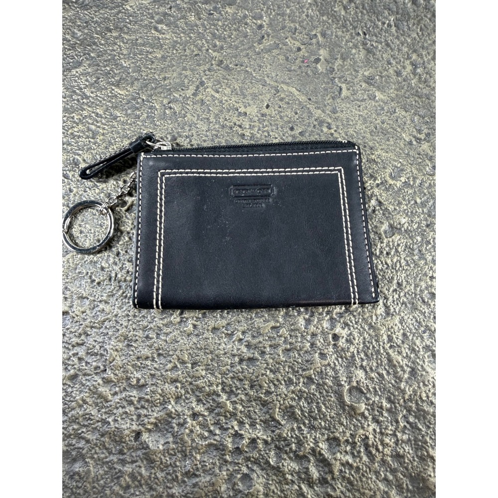 Coach Black Leather Mini Coin/Key Pouch White Stitching Key Ring Wallet